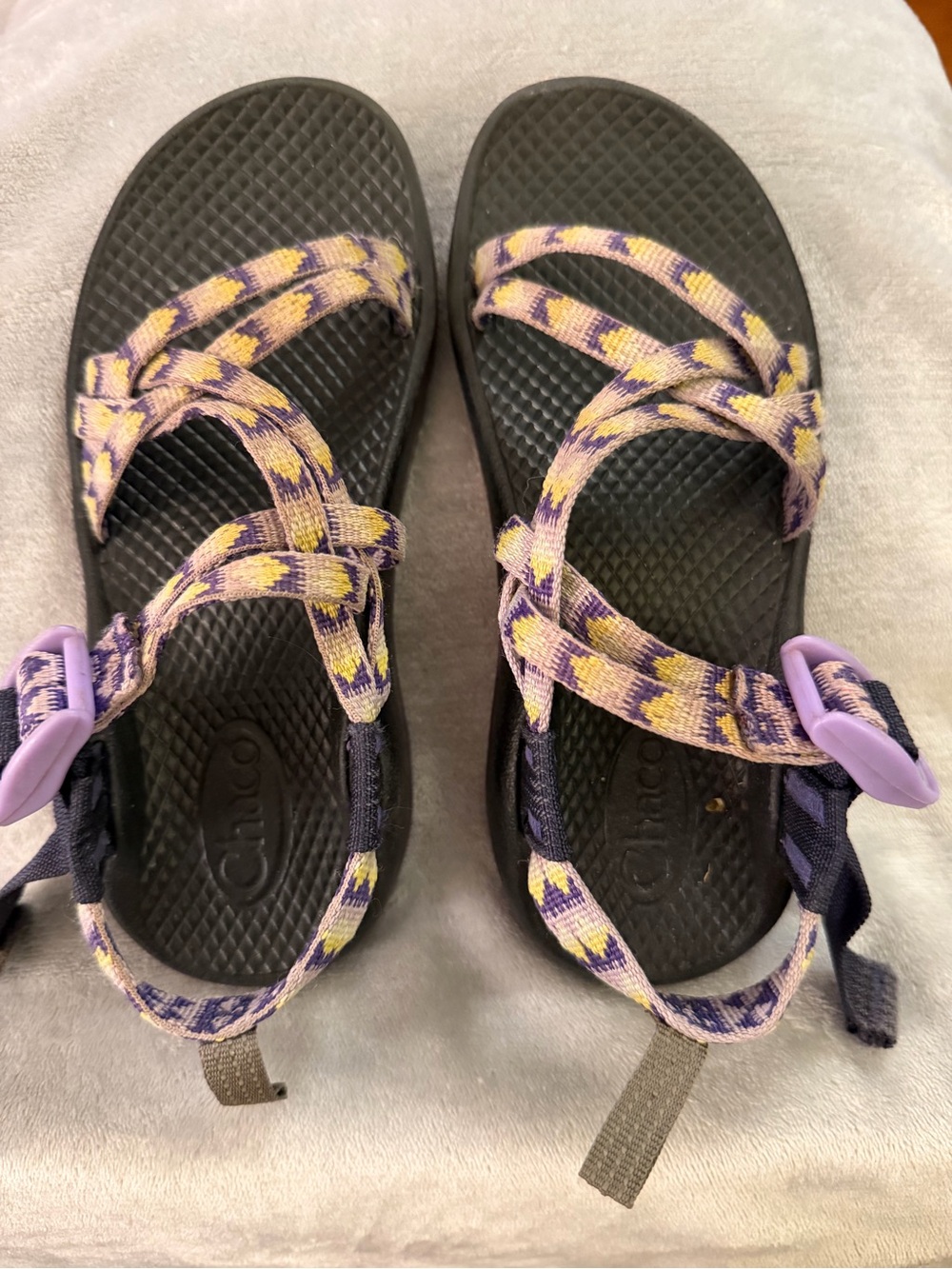 Chaco Kids Sandals Black with Purple and Yellow Strap Pattern